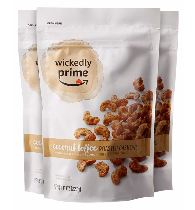 Amazon Brand - Wickedly Prime Roasted Cashews, Coconut Toffee, 8 Ounce (Pack of 3)