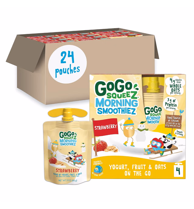 GoGo squeeZ Morning smoothieZ, Strawberry, 3 oz (Pack of 24), Gluten Free Yogurt, Fruit and Oat Smoothie Snacks for Kids, No Preservatives, No Fridge Needed, BPA Free Squeeze Pouches