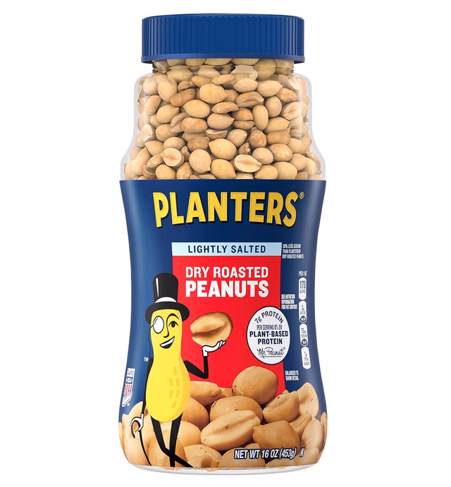 PLANTERS Lightly Salted Dry Roasted Peanuts, Party Snacks, Plant Based Protein 16oz (1 Jar)