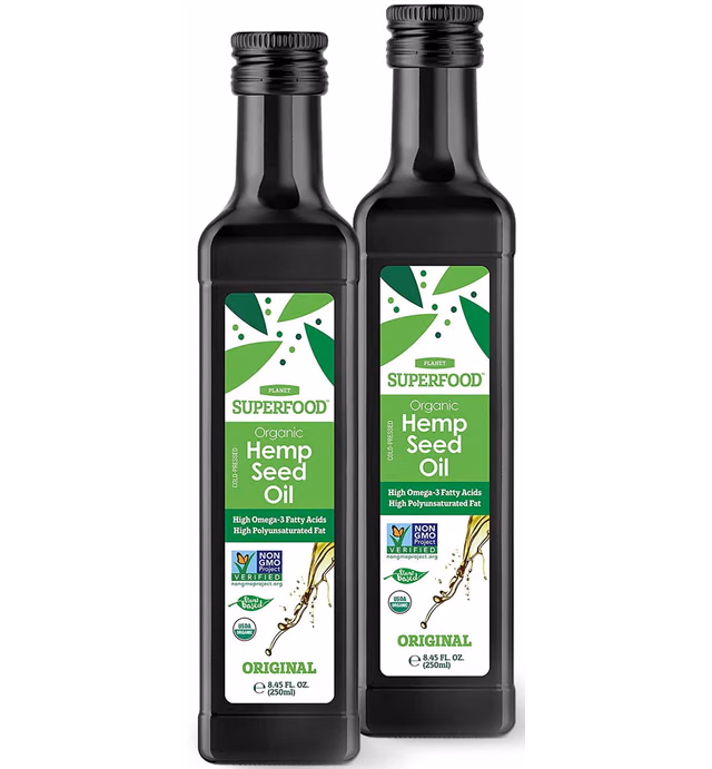 Planet Superfood Organic Cold-Pressed & Virgin Raw Hemp Seed Oil, 16.9 Ounce, USDA Organic, Non-GMO, Vegan, Keto & Gluten-Free, Rich In Omega 3 & 6 Fatty Acids, 2 x 8.45 oz glass bottles