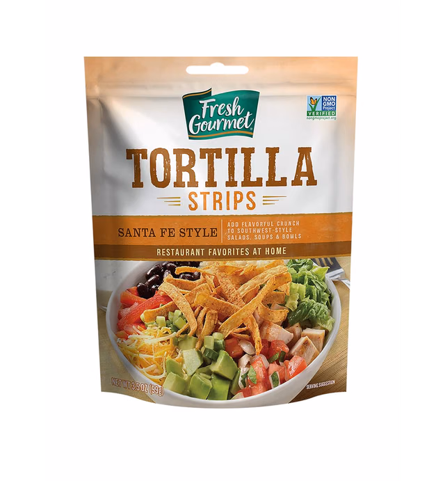 Fresh Gourmet Santa Fe Style Tortilla Strips | 3.5 Ounce, Pack of 9 | Low Carb | Crunchy Snack and Salad Topper