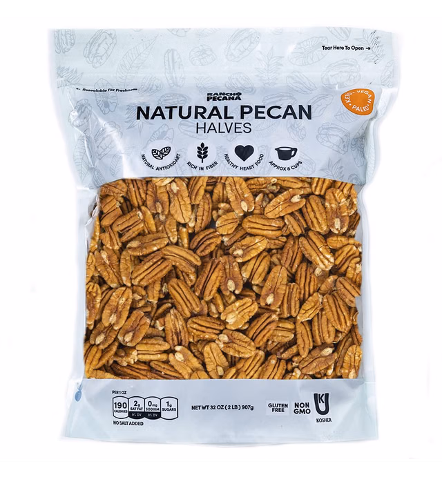 RANCHO PECANA | 2 LB Natural Pecan Halves, non-GMO, Grain Free, Naturally Gluten Free, Heart Healthy, Vegan, Compares to Organic, Healthy Snack | 3g protein per 1 oz in Resealable Bag