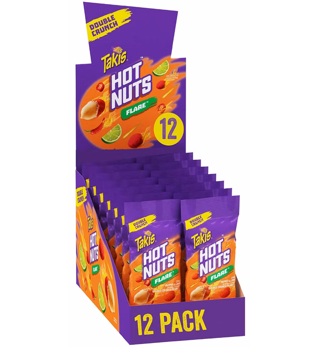 Takis Hot Nuts Flare Double Crunch Peanuts, Chili Pepper Lime Flavored Spicy Peanuts, Multipack 12 Individual Bags, 3.2 Ounces Each