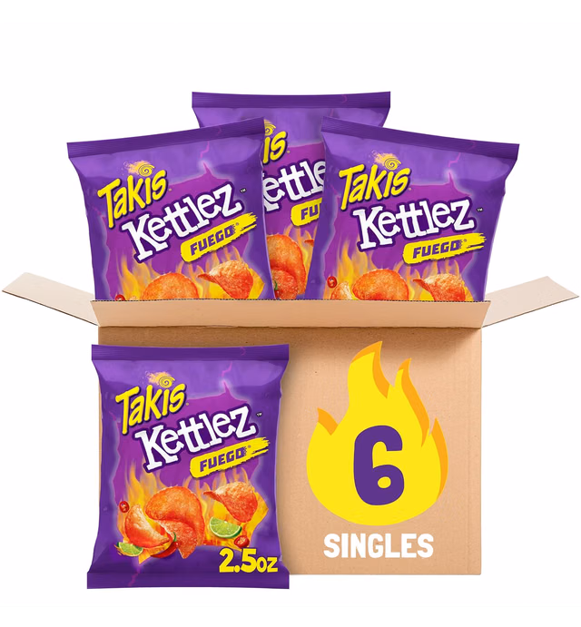 Takis Kettlez Fuego Spicy Potato Chips, Hot Chili Pepper Lime Flavored Hot Chips, Multipack 6 Individual Bags, 2.5 Ounces Each