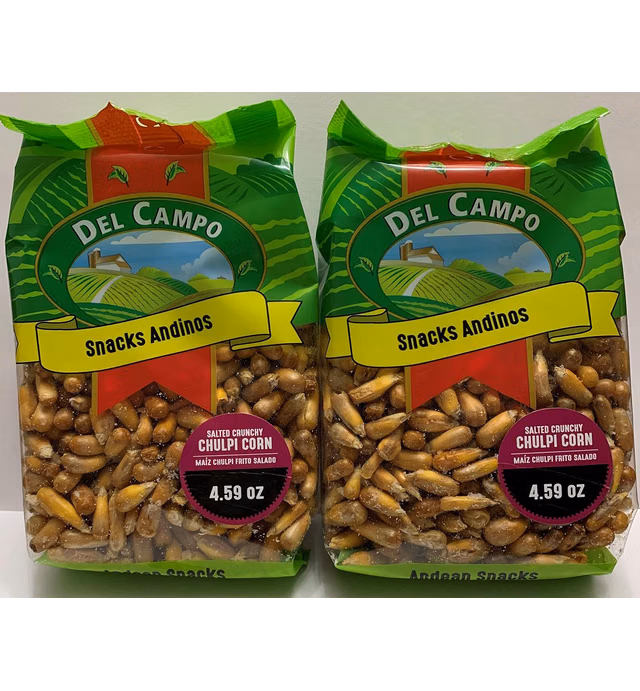 DEL CAMPO Andean Snacks | Salted Crunchy Chulpi Corn | Maiz Chulpe Frito Salado | 4.59 oz. | Pack of 2 | Product of Peru