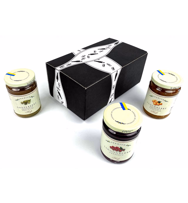 Hafi Organic Preserves 3-Flavor Variety: One 14.1 oz Jar Each of Lingonberry, Cloudberry, and Gooseberry in a BlackTie Box (3 Items Total)