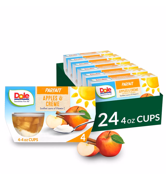 Dole Fruit Bowls Low Fat Apples and Creme Parfait, Gluten Free Healthy Snack, 4 Oz, 24 Total Cups