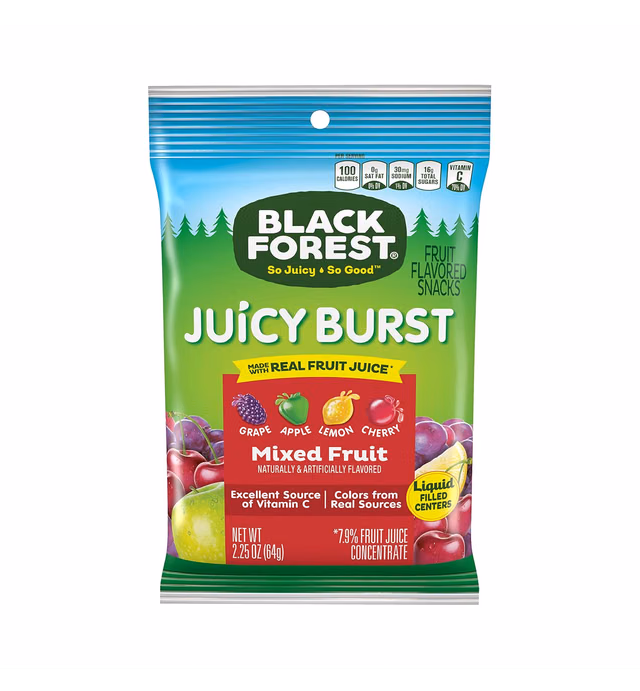 Black Forest Juicy Burst Fruit Snacks, Mixed Fruit, 2.25 Ounce Pouches (Pack of 48)