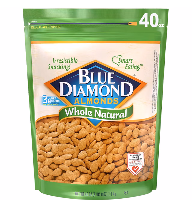 Blue Diamond Almonds Whole Natural Raw Snack Nuts, 40 Oz Resealable Bag (Pack of 1)