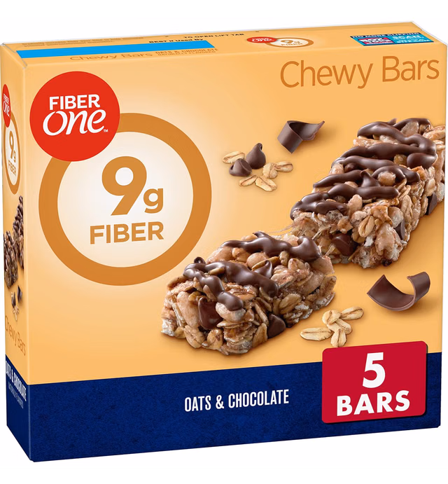 Fiber One Chewy Bars, Oats & Chocolate, Fiber Snacks, 5 ct