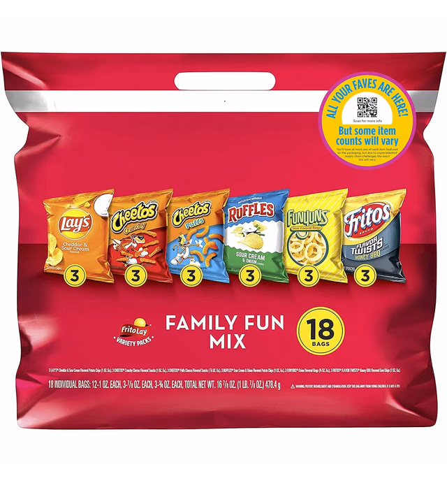 Frito Lay Snacks Family Fun Chips Variety Pack, Lay's, Cheetos, Ruffles, Funyuns, Fritos, (18 Pack)