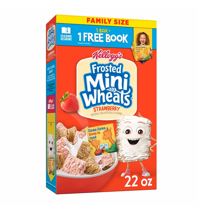 Kellogg's Frosted Mini-Wheats Cold Breakfast Cereal, High-Fiber, Whole Grain, Family Size, Strawberry, 22oz Box (1 Box)