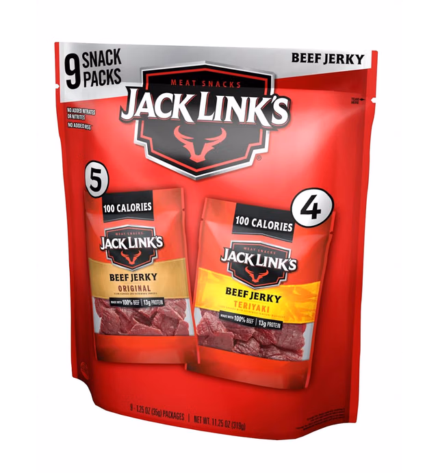 Jack Link's Beef Jerky Variety - Includes Original and Teriyaki Flavors, On the Go Snacks, 13g of Protein Per Serving, 9 Count of 1.25 Oz Bags