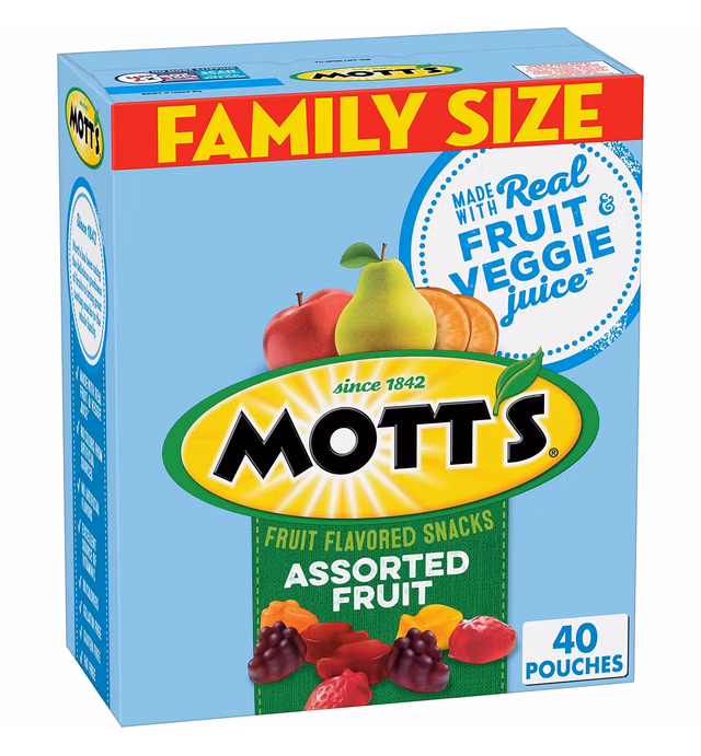 Mott's Fruit Flavored Snacks, Assorted Fruit, Pouches, 0.8 oz, 40 ct