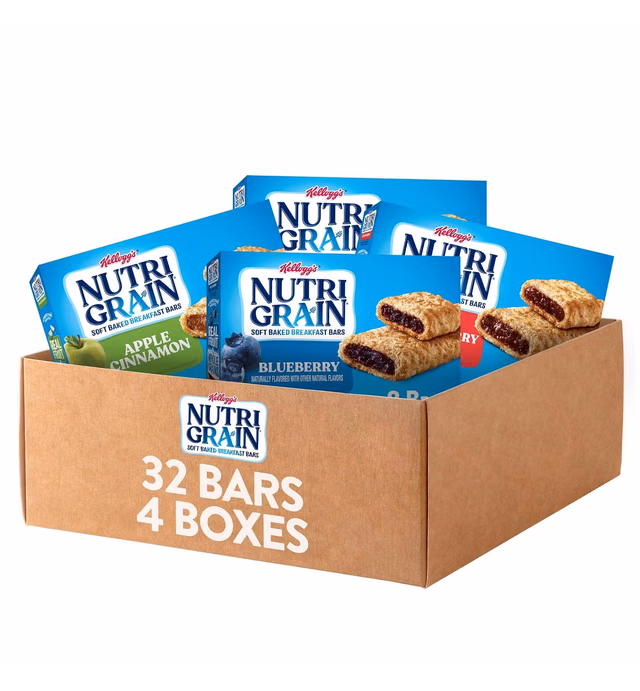 Nutri-Grain Soft Baked Breakfast Bars, Made with Whole Grains, Kids Snacks, Variety Pack (4 Boxes, 32 Bars)
