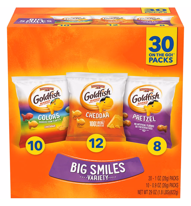 Goldfish Crackers Big Smiles Variety Pack with Cheddar, Colors, and Pretzels, Snack Packs, 30 Ct