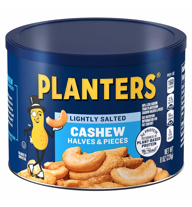 PLANTERS Lightly Salted Cashew Halves & Pieces, Party Snacks, Plant-Based Protein, 8 Oz Canister