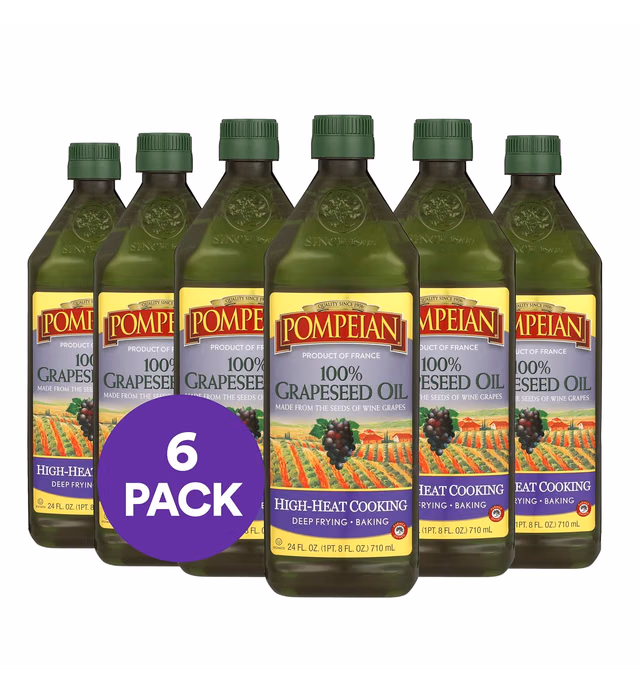 Pompeian 100% Grapeseed Oil, Light and Subtle Flavor, Perfect for High-Heat Cooking, Deep Frying and Baking, 24 FL. OZ., Pack of 6