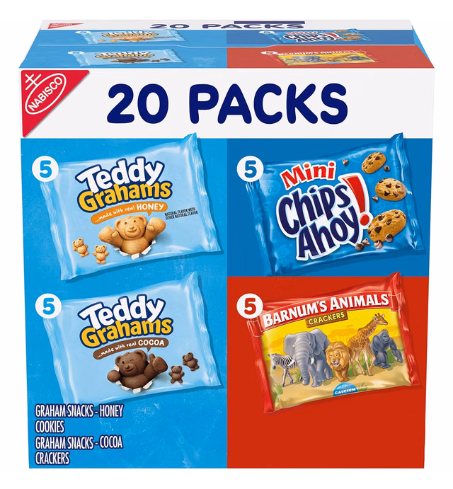 Nabisco Fun Shapes Variety Pack Barnum's Animal Crackers, Teddy Grahams and CHIPS AHOY! Mini, 20 Snack Packs