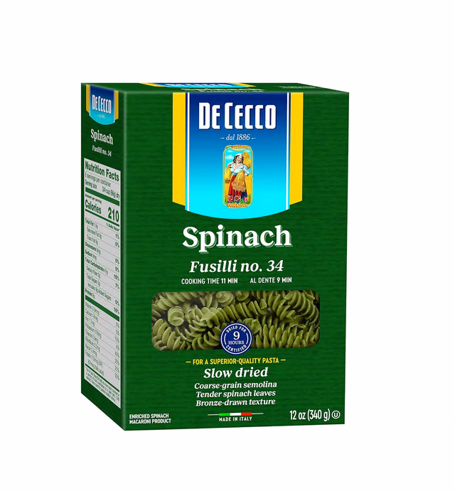 De Cecco Pasta, Spinach Fusilli No.34, 12 OZ (Pack of 12) - Made in Italy, High in Protein & Iron, Bronze die (VKP0034)