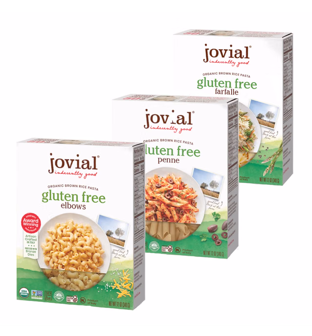 Jovial Farfalle Pasta | Jovial Elbows Pasta | Jovial Penne Rigate Pasta | Whole Grain Brown Rice Pasta | Gluten-Free | Non-GMO | Lower Carb | USDA Certified Organic | Made in Italy | 12 oz Each (3-pack)