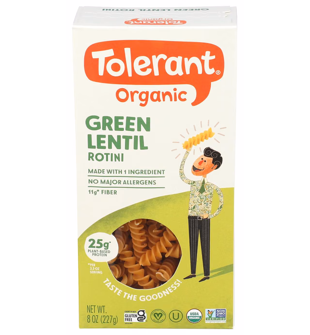 Tolerant Organic Green Lentil Rotini Pasta (8 oz) - Free from Allergens - Gluten Free, Vegan, Paleo, Plant Based Protein Pasta - Non GMO, Kosher - Made with 1 Single Ingredient