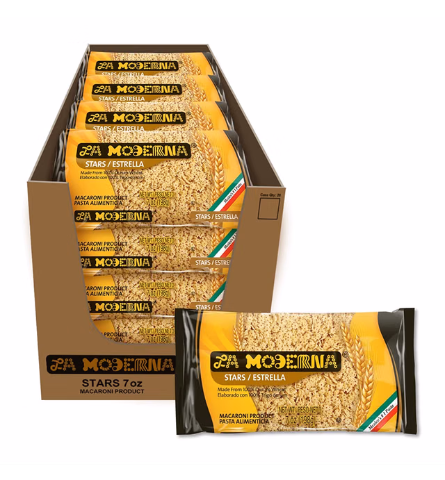La Moderna Stars Pasta, Noodles, Durum Wheat, Protein, Fiber, Vitamins, 7 Oz, Pack of 20