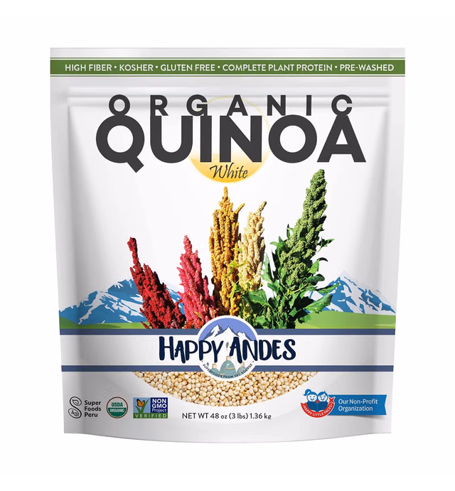 Happy Andes Organic White Quinoa 3 Pound -Non-GMO,100% Peruvian, Superior taste,Gluten-free,rice replacement, Pre-washed, whole grain, USDA-certified, Complete Plant Protein, superfoods Peru, high in fiber&iron, kosher