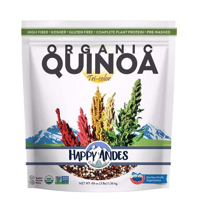 Happy Andes Tri-Color Organic Whole Grain Quinoa Non-GMO, Non Gluten, Ready to Cook Food for Oats & Seeds Recipes, Healthy Meal with Vitamins & Protein, Best Value, 3 lb