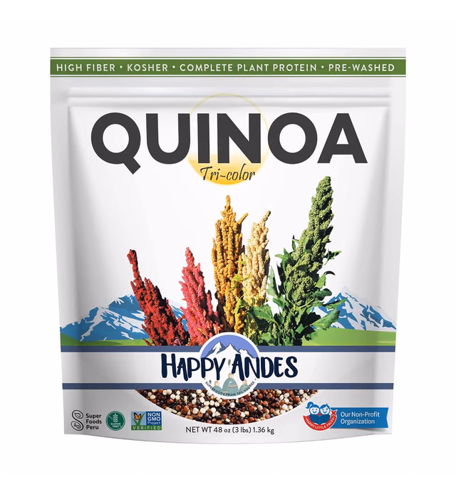 Happy Andes Tri-Color Quinoa Non GMO & Gluten, Whole Grain Rice Substitute, Ready to Cook Food for Oats & Seeds Recipes, Healthy Meal with Vitamins and Protein, 48 Oz