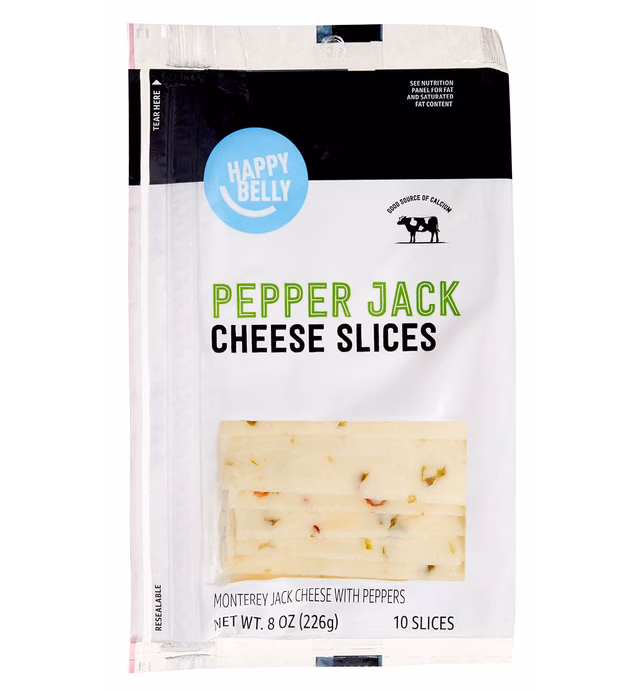 Amazon Brand - Happy Belly Sliced Pepper Jack Cheese, 10 Slices, 8 Ounce