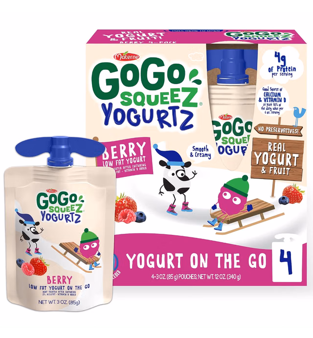 GoGo squeeZ yogurtZ Berry, 3 oz (Pack of 4), Kids Snacks Made from Real Yogurt and Fruit, Pantry Friendly, No Fridge Needed, Gluten Free and Nut Free, Recloseable Cap, BPA Free Pouches