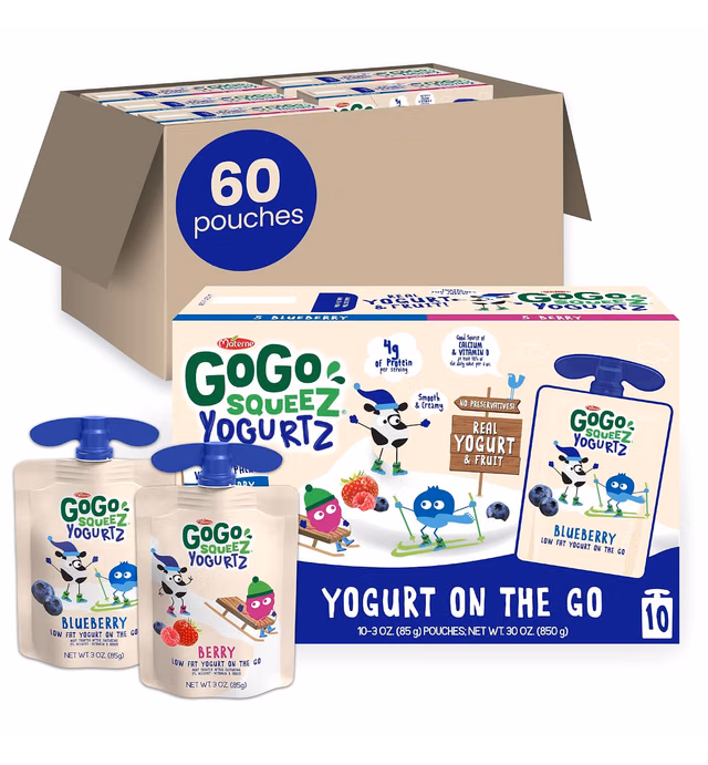 GoGo squeeZ yogurtZ Variety Pack, Blueberry and Berry, 3 oz (Pack of 60), Kids Snacks Made from Real Yogurt and Fruit, No Fridge Needed, Gluten Free, Nut Free, Recloseable Cap, BPA Free Pouches