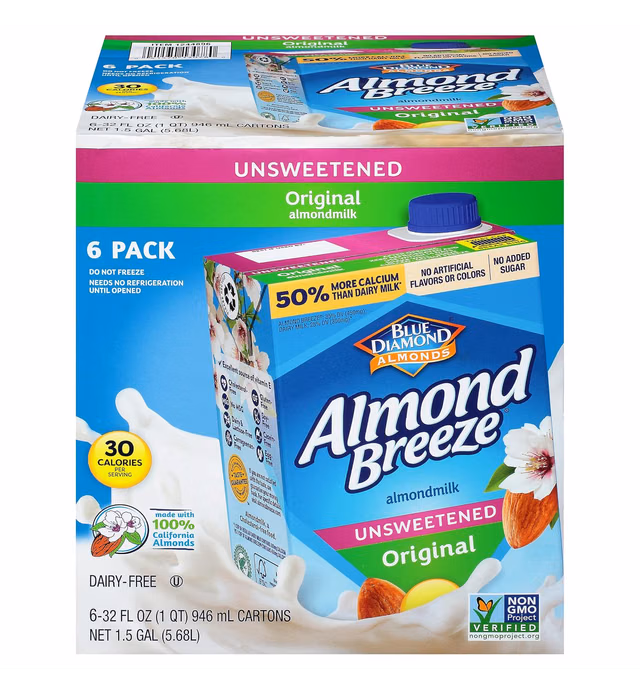 Almond Breeze Dairy Free Almondmilk Unsweetened Original 32 Oz Boxes, 6 Count