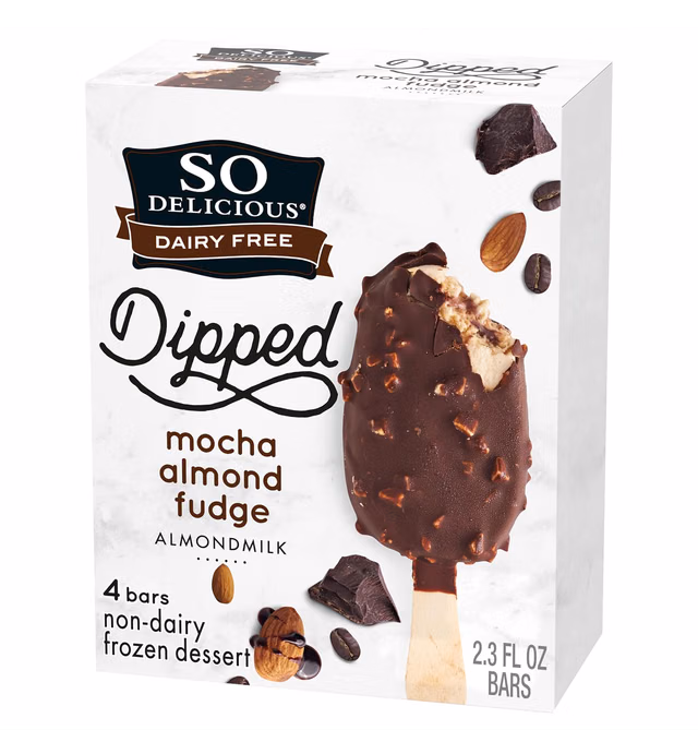 So Delicious Dairy Free Almond Milk Dipped Frozen Dessert Bar, Mocha Almond Fudge, Vegan, Non-GMO Project Verified, 4 Count (Pack of 1)