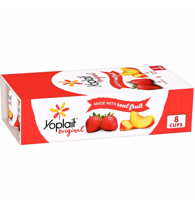 Yoplait Original Strawberry & Harvest Peach Low Fat Yogurt Pack, Fruit Yogurt Snack, 8 Ct, 6 OZ Yogurt Cups