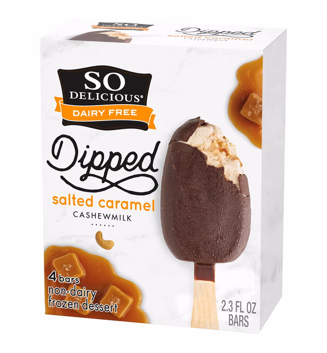 So Delicious Dairy Free Cashew Milk Dipped Frozen Dessert Bar, Salted Caramel, Vegan, Non-GMO Project Verified, 4 Pack