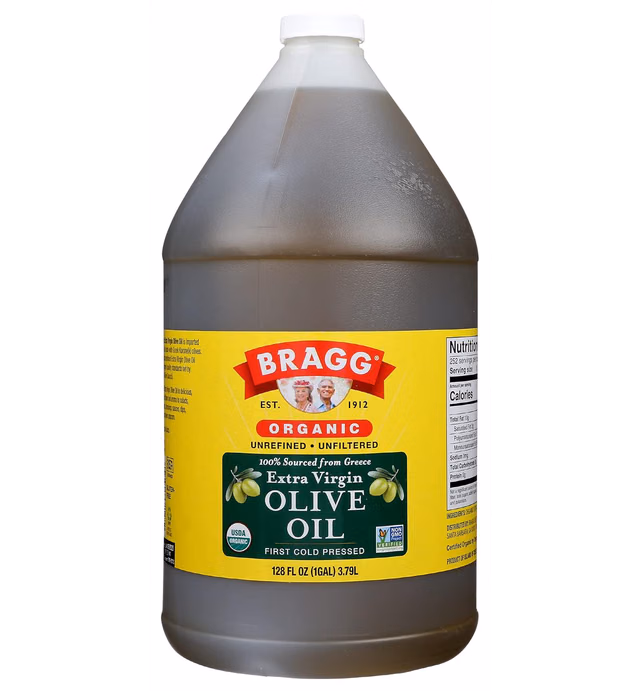 Bragg Organic Extra Virgin Olive Oil – Made with Greek Koroneiki Olives – Cold Pressed EVOO for Marinades & Vinaigrettes – USDA Certified, Non-GMO, Kosher (128 Ounce)