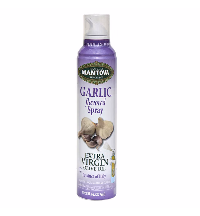 Mantova Garlic Flavored Extra Virgin Olive Oil Spray, heart-healthy cooking spray perfect for salads, pasta sauces, or grilling, 100% natural cooking oil made in Italy, olive oil dispenser bottle sprays, drips, or streams with no waste, 8 oz