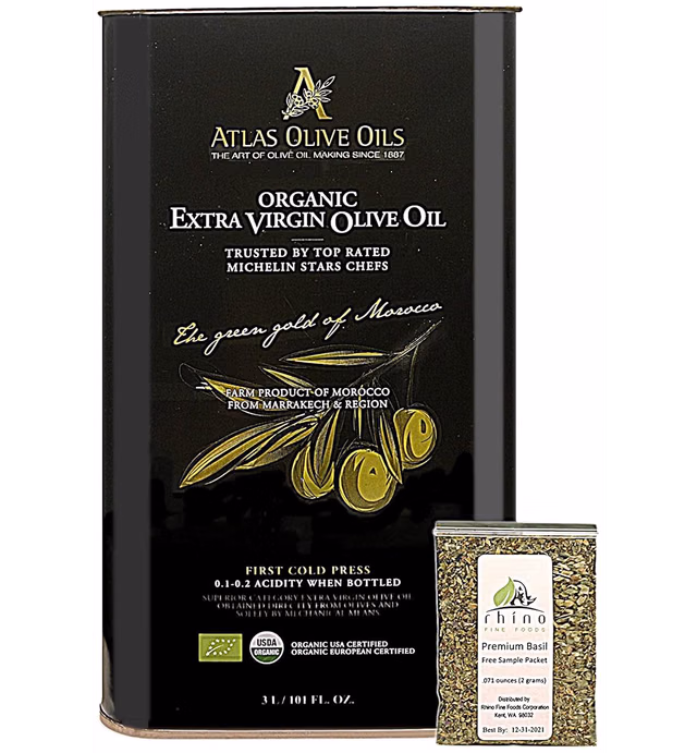 Atlas Olive Oils SARL, Moroccan Organic Extra Virgin Olive Oil, 3 Liter, Cold Pressed, Polyphenol Rich, Imported from Morocco, 101 Fl Oz + Includes-Free Premium Basil from Rhino Fine Foods, .071 Oz