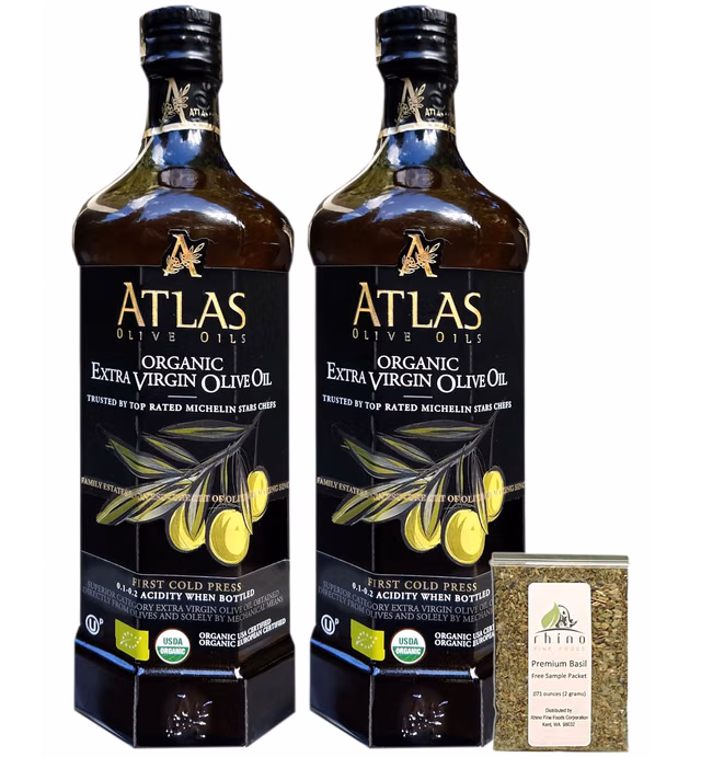 Atlas Olive Oils SARL, Moroccan Organic Extra Virgin Olive Oil, Polyphenol Rich, Imported from Morocco, (750 ml) 25.4 fl oz (Pack of 2) + Includes-Free Premium Basil from Rhino Fine Foods, .071 oz