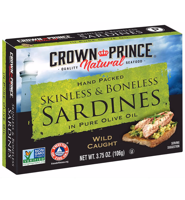 Crown Prince Natural Skinless & Boneless Sardines in Pure Olive Oil, 3.75-Ounce Can (packaging may vary )
