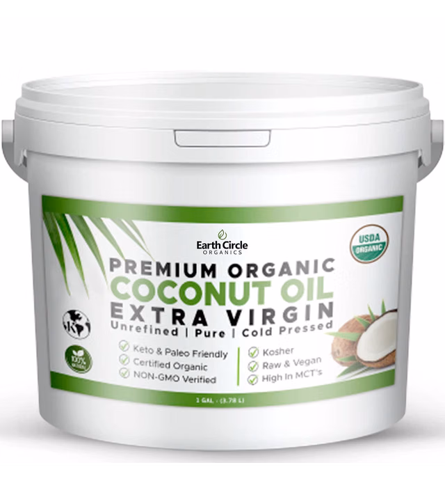 Earth Circle Organics Premium Ultra-Pure UNREFINED Cold Pressed Organic Extra Virgin Coconut Oil - Gluten-Free, Keto & Paleo Friendly - Organic Pure Coconut Oil for Skin & Hair Care, Cooking, Baking and More - 1 Gallon