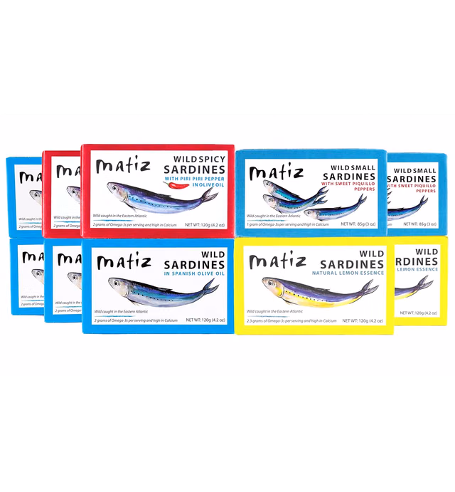 Matiz Sardines Variety Pack, Wild Caught Spanish Waters | 10 Tins | In Olive Oil, Sweet Piquillo Pepper, Spicy Piri Piri Pepper and Lemon Essence