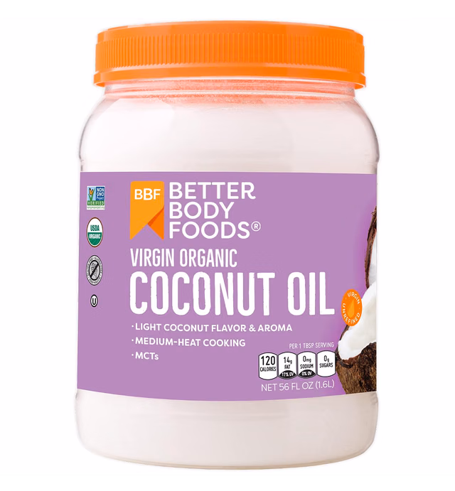 BetterBody Foods Organic Virgin Coconut Oil — Cold-Pressed and Unrefined Coconut Oil, Medium Temperature Cooking Oil, Great Alternative To Butter, Light Coconut Flavor and Aroma, 56 Ounce