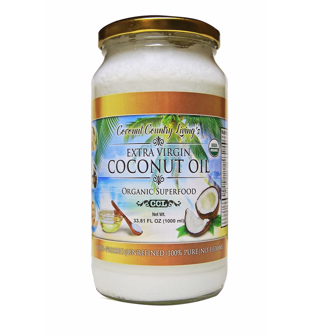 Coconut Country Living's Extra Virgin Coconut Oil in Glass Jar- Cold Pressed, Unrefined organic Superfood for Hair, Skin, Beauty, Cooking - Keto & Paleo Diet Friendly - 33.81 oz