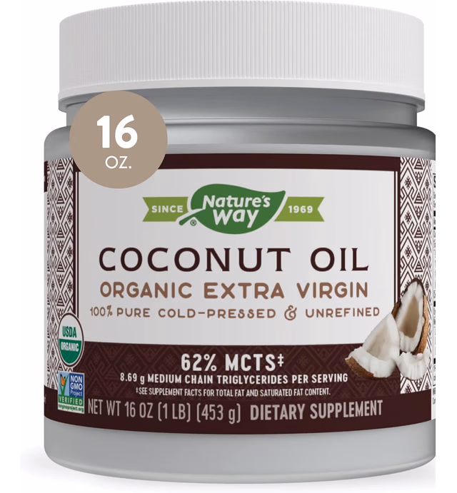 Nature's Way Organic Extra Virgin Coconut Oil, Pure and Unrefined, 62% MCTs, 16 Oz
