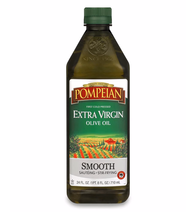 Pompeian Smooth Extra Virgin Olive Oil, First Cold Pressed, Mild and Delicate Flavor, Perfect for Sauteing and Stir-Frying, Naturally Gluten Free, Non-Allergenic, Non-GMO, 24 Fl Oz., Single Bottle