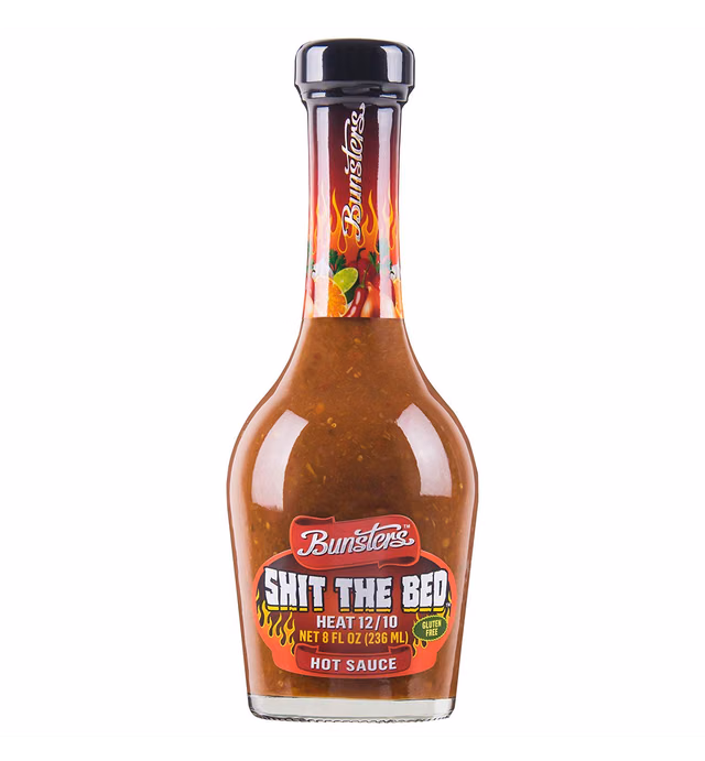 Bunsters Shit The Bed 12/10 Heat Hot Sauce - Chili Pepper Sauce with Aussie Fruit and Veg - Plant Based, GMO, and Gluten Free - Comes in a Custom Made Champagne-Inspired Bottle