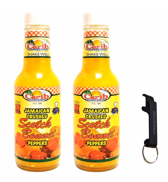 Carib Jamaican Yellow Crushed Scotch Bonnet Peppers 5oz Pack of 2 Sealed with ODatzGood and Keychain Bottle Opener (Pack of 2)